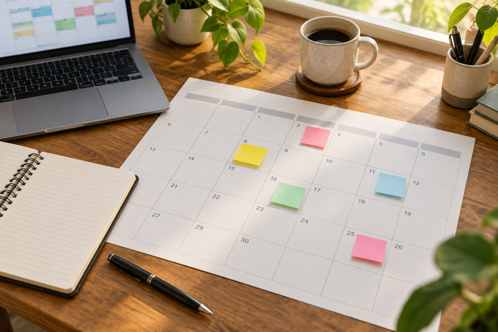 Paper content calendar with colourful sticky notes beside a laptop, notebook and coffee cup